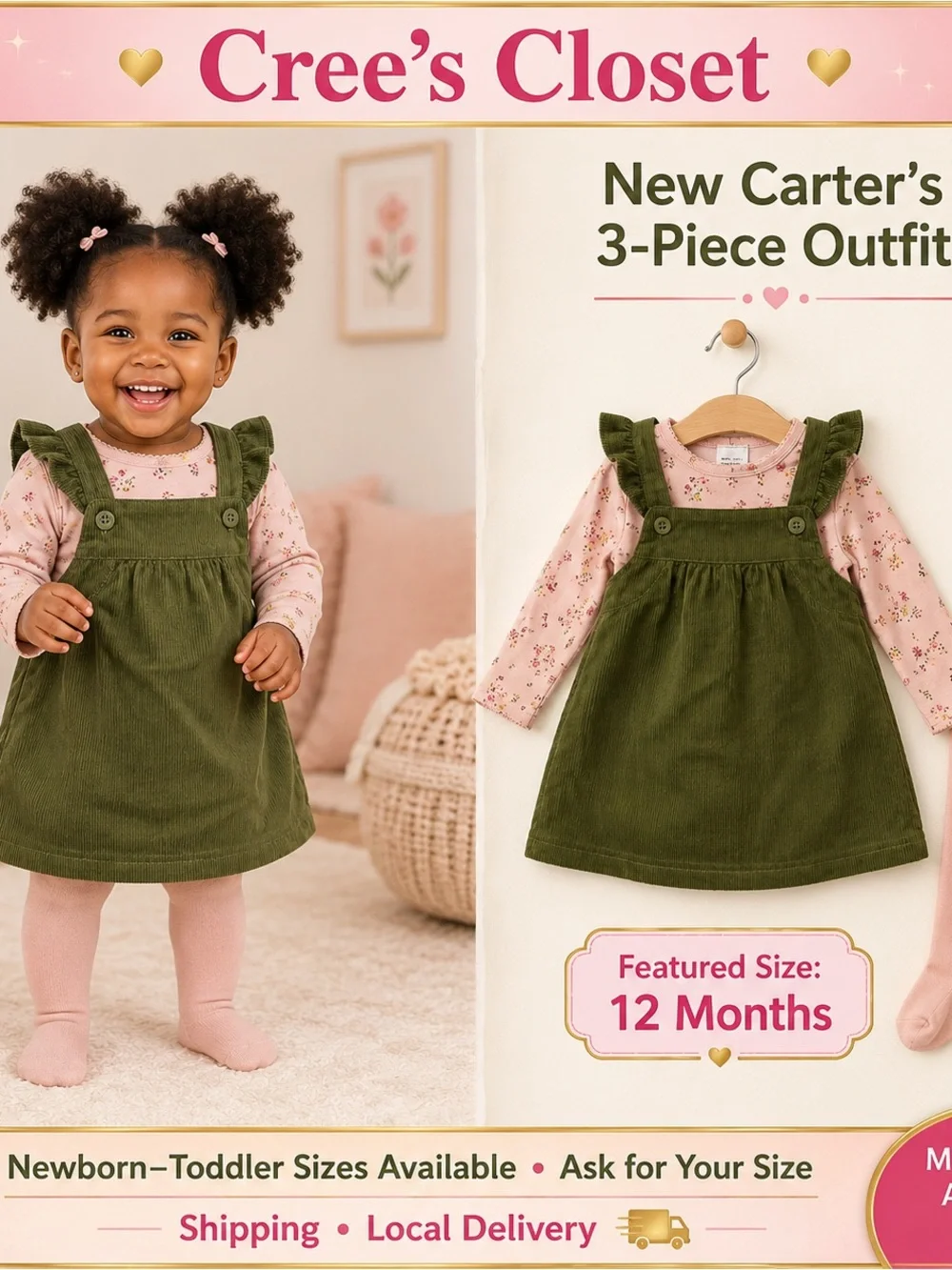 Carter's 3 Piece Olive Green Corduroy Dress & Bonus Book Variety of Sizes
